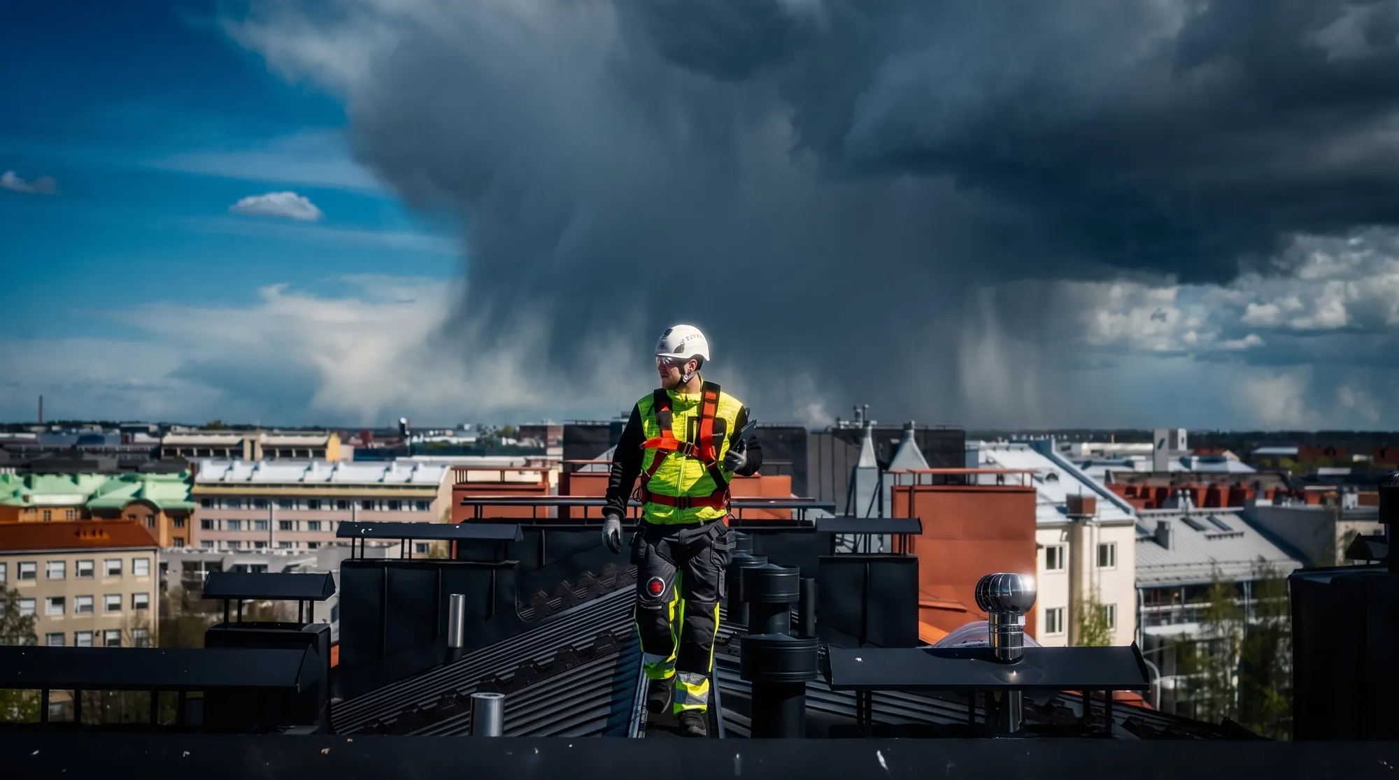 Asentaja kävelee kattosillalla kerrostalon katolla, taustalla sadepilvi kaupungin yllä