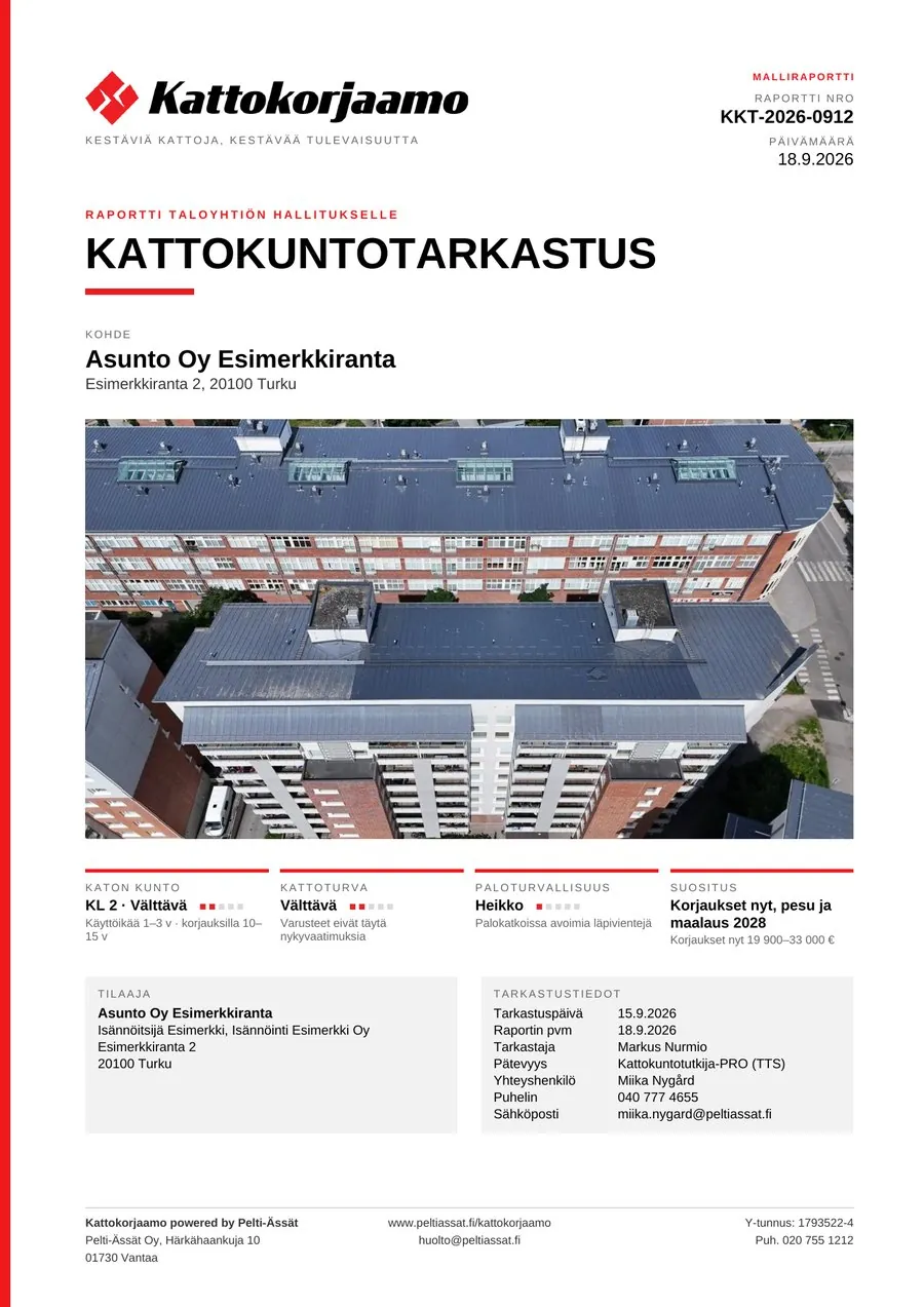 Malliraportin kansilehti: Kattokuntotarkastus, Asunto Oy Esimerkkiranta